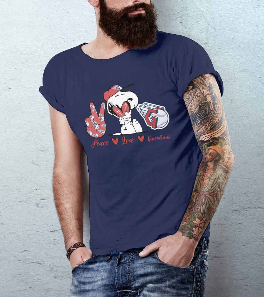 Snoopy Peace Love Cleveland Guardians Baseball Iconic Imagery With Red Heart And Cap T-Shirt