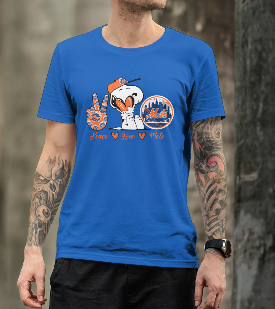 Snoopy Peace Love Mets New York City Skyline Baseball T-Shirt