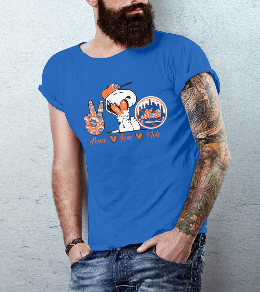 Snoopy Peace Love Mets New York City Skyline Baseball T-Shirt