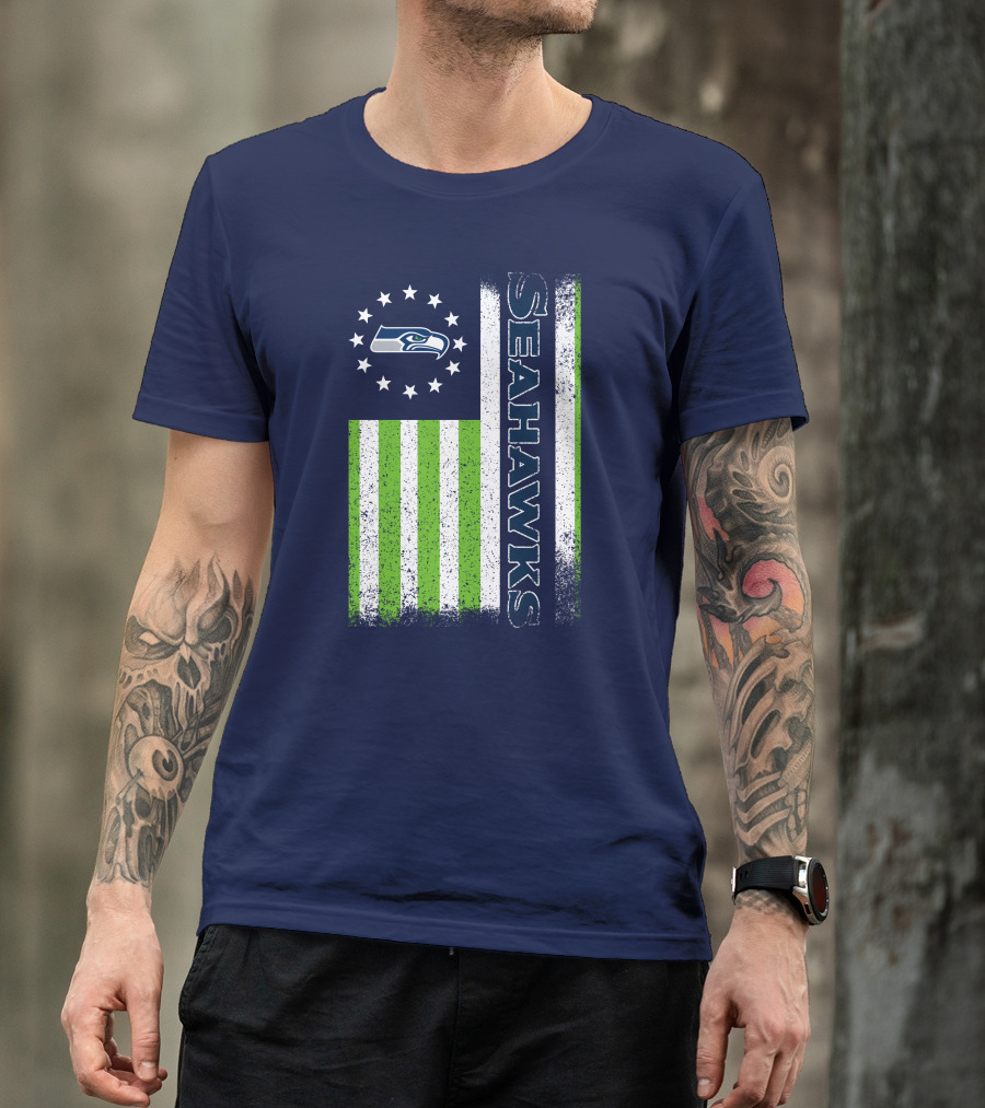 Seattle Seahawks American Flag Green Stripes 12 Stars T-Shirt