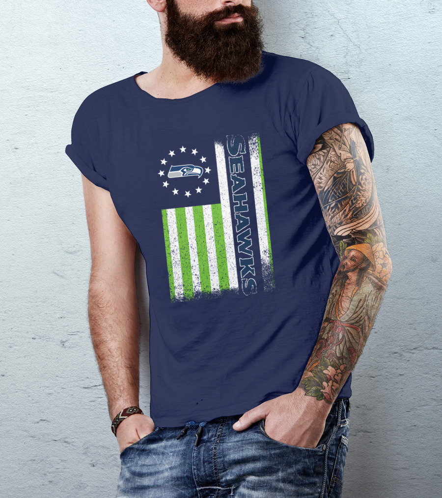 Seattle Seahawks American Flag Green Stripes 12 Stars T-Shirt