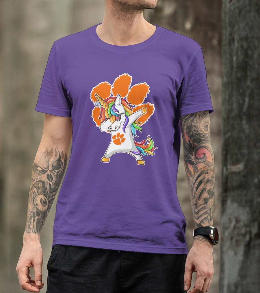 Clemson Tigers Dabbing Unicorn Paw Print Rainbow Mane T-Shirt