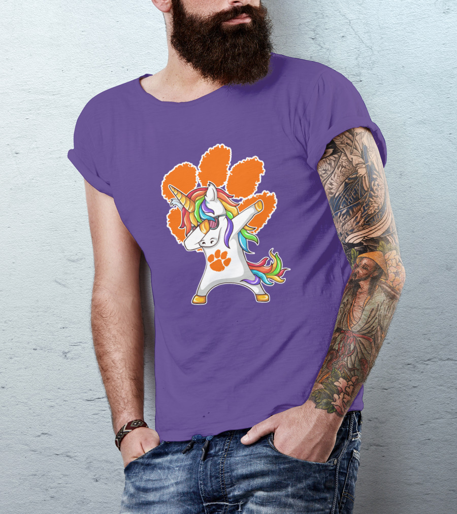 Clemson Tigers Dabbing Unicorn Paw Print Rainbow Mane T-Shirt