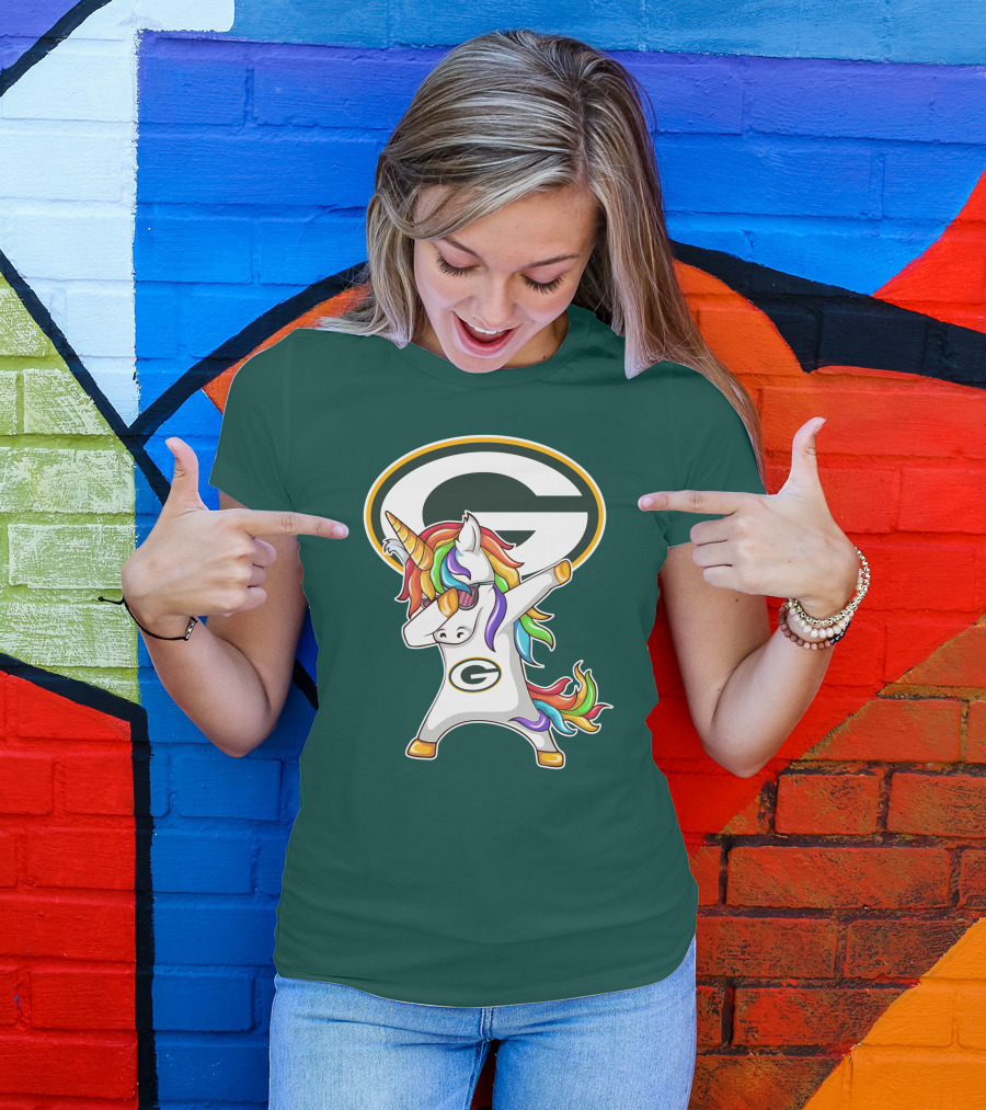 Green Bay Packers Dabbing Unicorn With Team Logo And Rainbow Mane T-Shirt