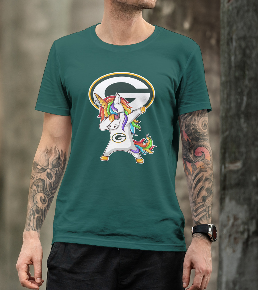 Green Bay Packers Dabbing Unicorn With Team Logo And Rainbow Mane T-Shirt