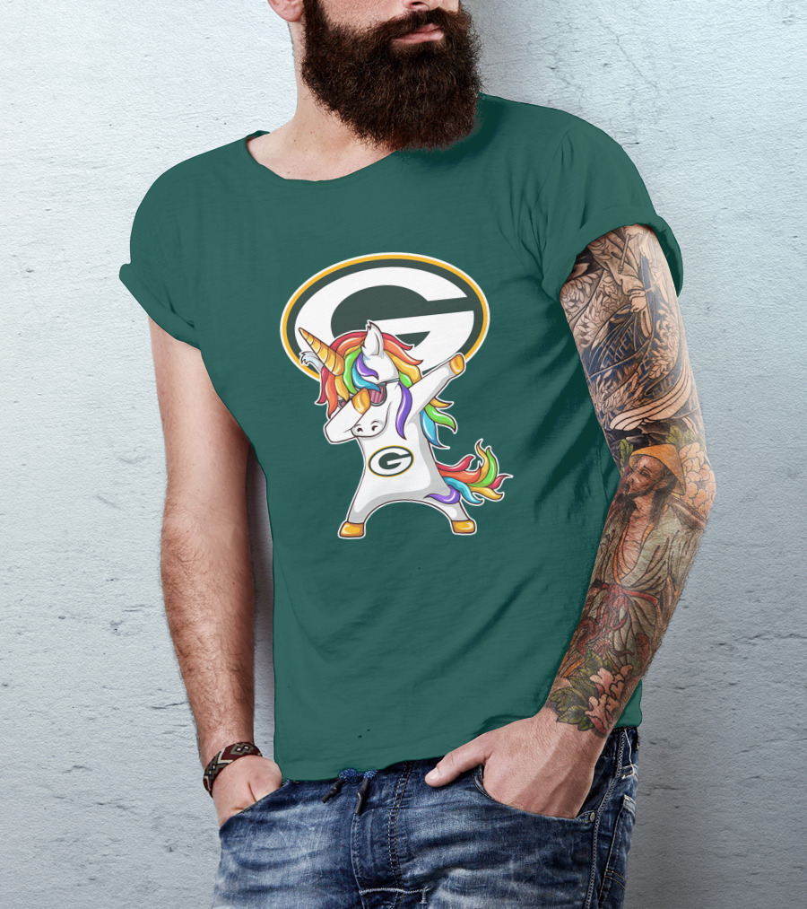 Green Bay Packers Dabbing Unicorn With Team Logo And Rainbow Mane T-Shirt