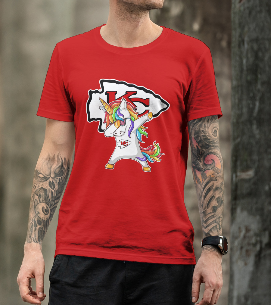 Kansas City Chiefs Unicorn Dabbing KC Logo Rainbow Mane T-Shirt