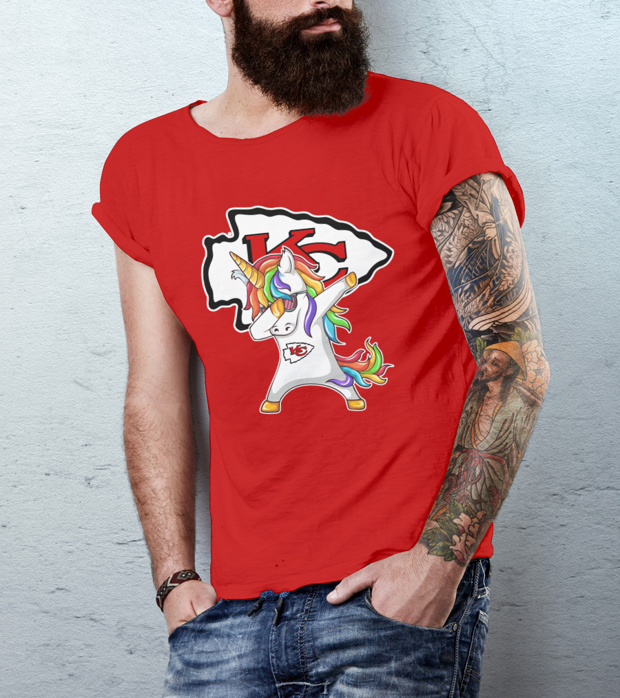 Kansas City Chiefs Unicorn Dabbing KC Logo Rainbow Mane T-Shirt