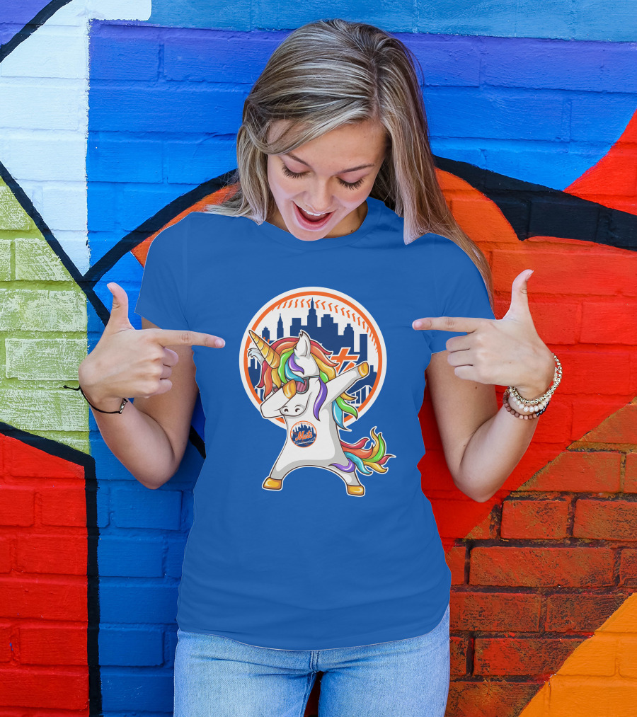 New York Mets Unicorn Dabbing Rainbow Skyline Baseball T-Shirt