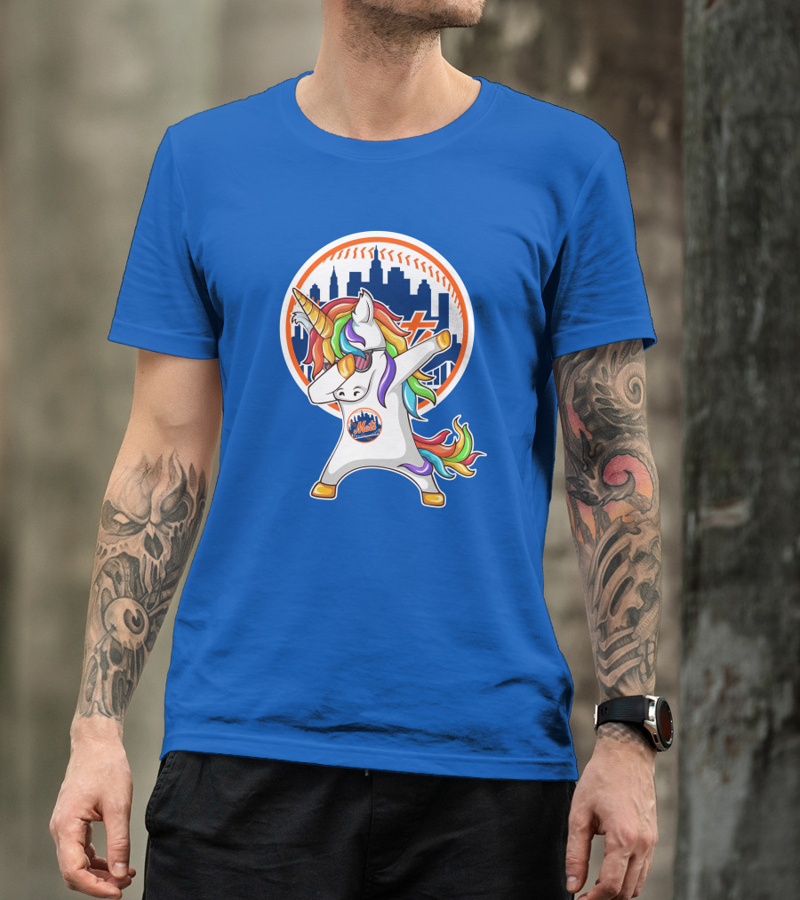 New York Mets Unicorn Dabbing Rainbow Skyline Baseball T-Shirt