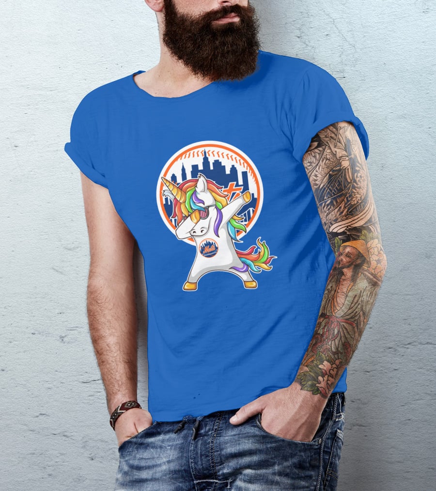 New York Mets Unicorn Dabbing Rainbow Skyline Baseball T-Shirt