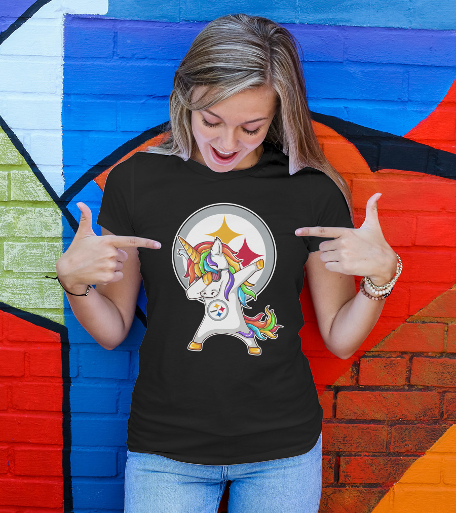 Pittsburgh Steelers Dabbing Unicorn Fan Design Rainbow T-Shirt