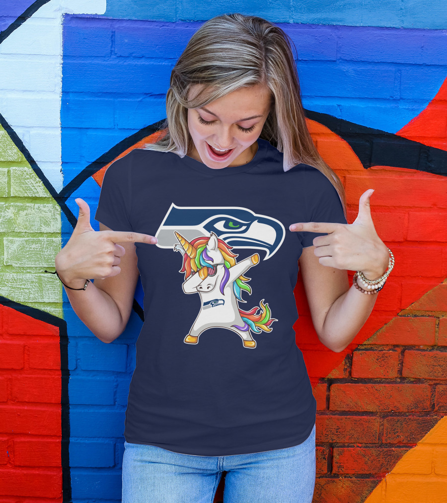 Seattle Seahawks Unicorn Dabbing Rainbow Hair T-Shirt