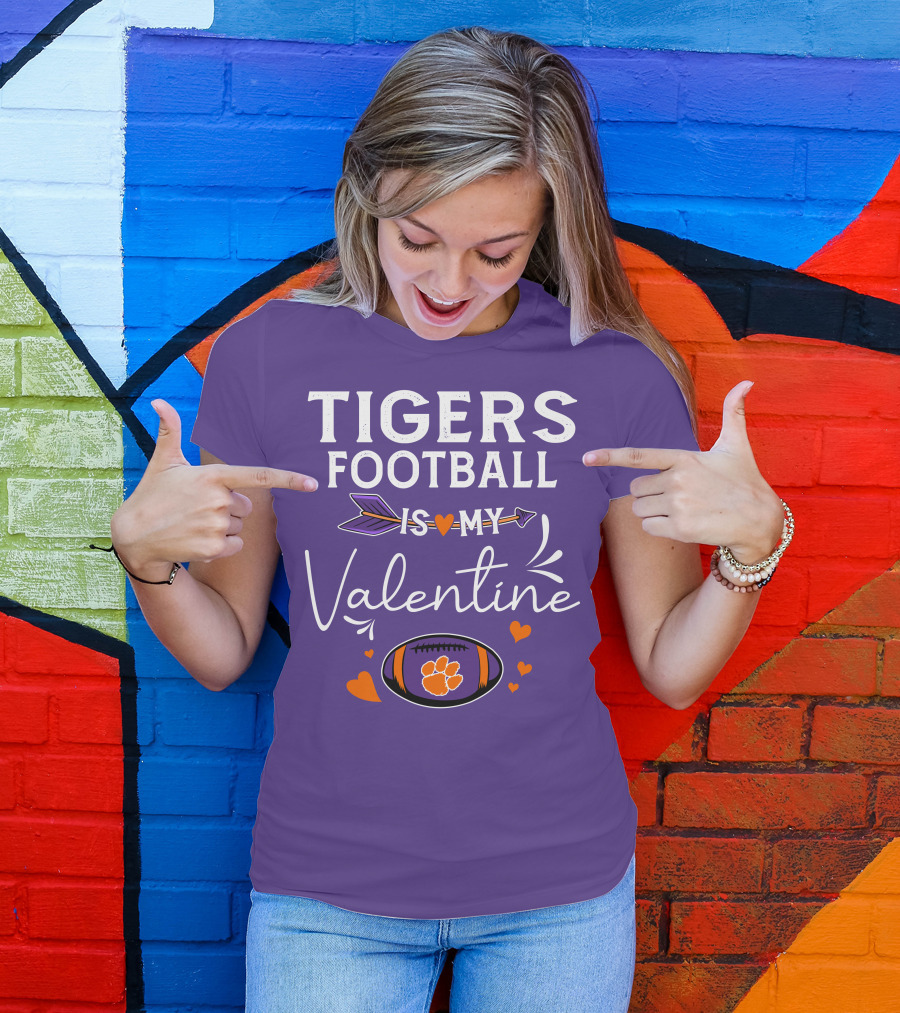 Tigers Football Is My Valentine With Paw Print And Hearts T-Shirt