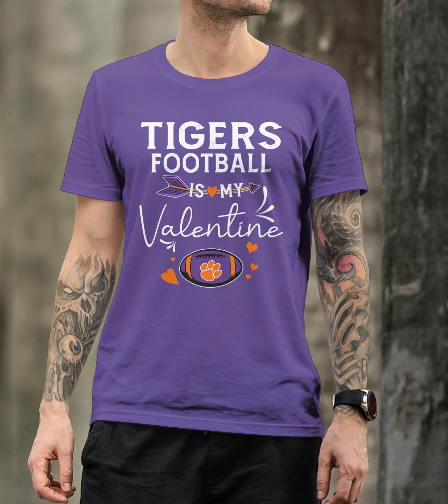 Tigers Football Is My Valentine With Paw Print And Hearts T-Shirt