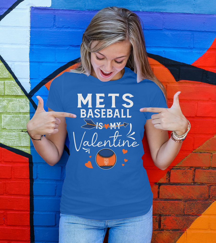 Mets Baseball Is My Valentine Orange Blue Hearts And Baseball T-Shirt