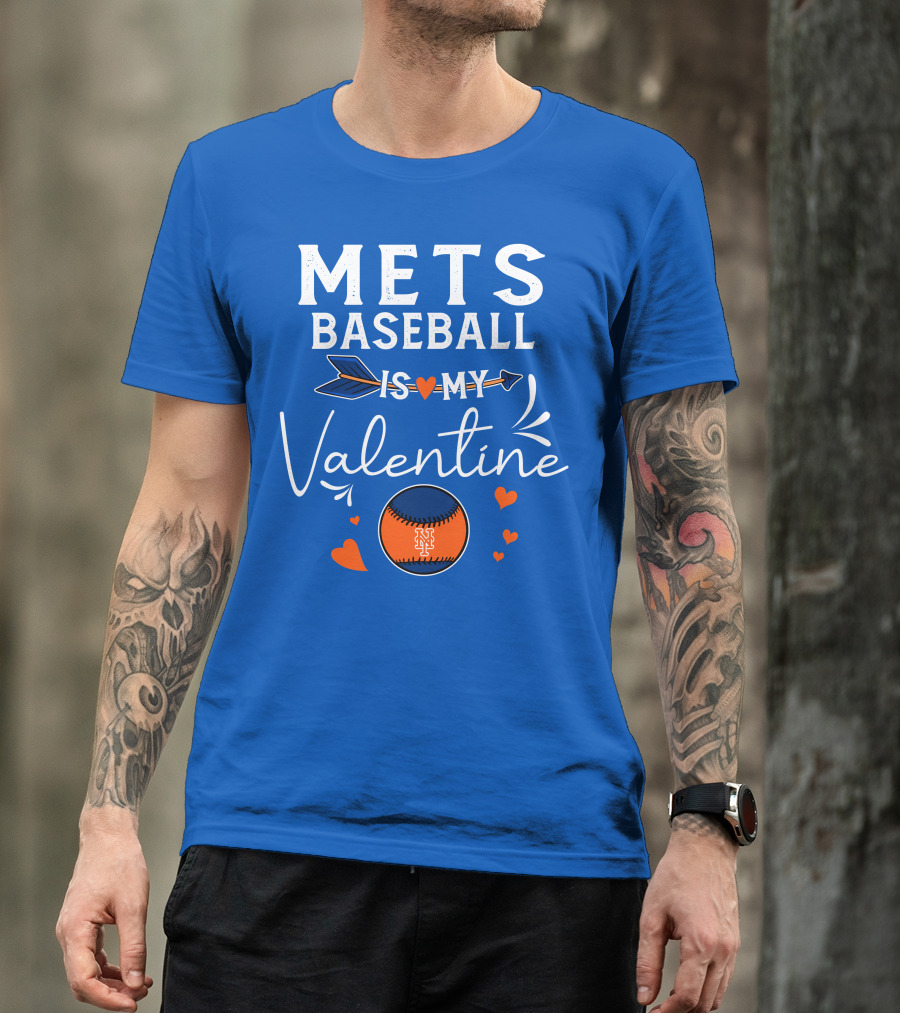 Mets Baseball Is My Valentine Orange Blue Hearts And Baseball T-Shirt
