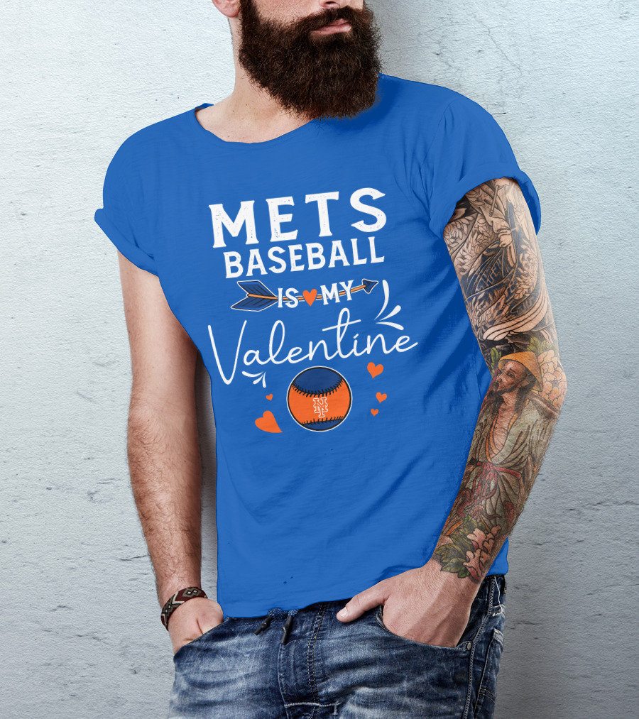 Mets Baseball Is My Valentine Orange Blue Hearts And Baseball T-Shirt