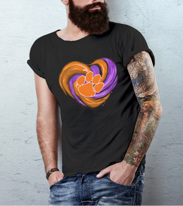 Clemson Tigers Paw Print Tornado Heart T-Shirt