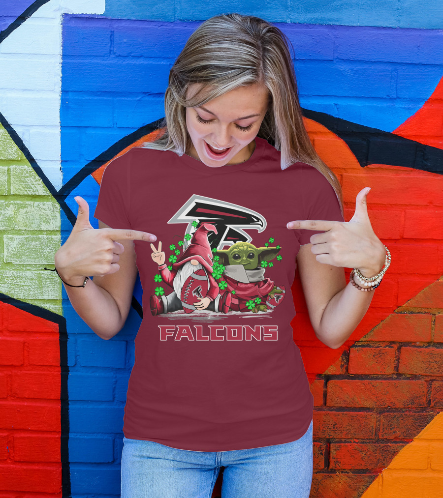Leprechauns Gnomes Baby Yoda Hug Atlanta Falcons Shamrock Football T-Shirt