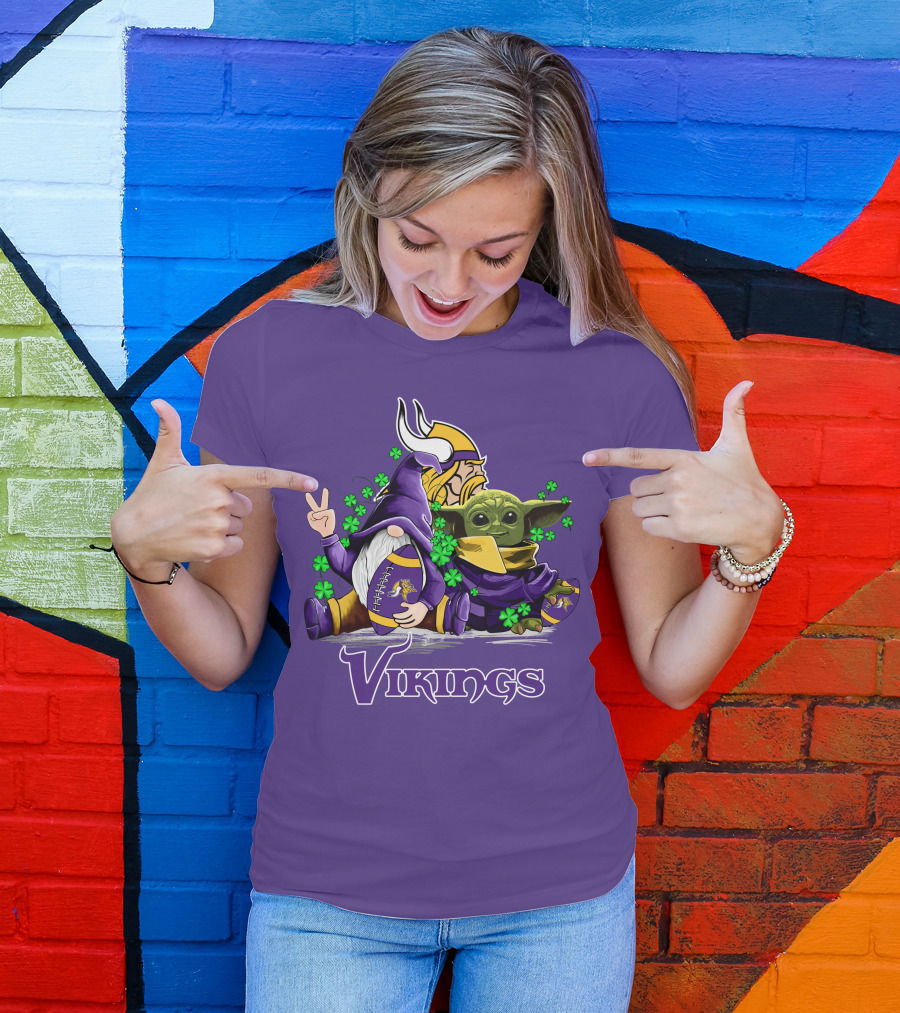 Leprechauns Gnomes Baby Yoda Hug Vikings Football Team T-Shirt
