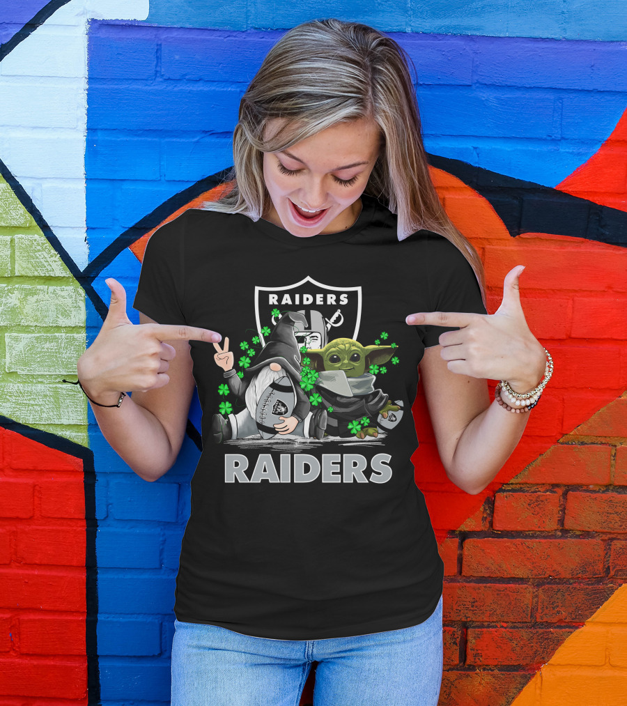 Leprechauns Gnomes Baby Yoda Hug Raiders Football Peace Shamrocks T-Shirt