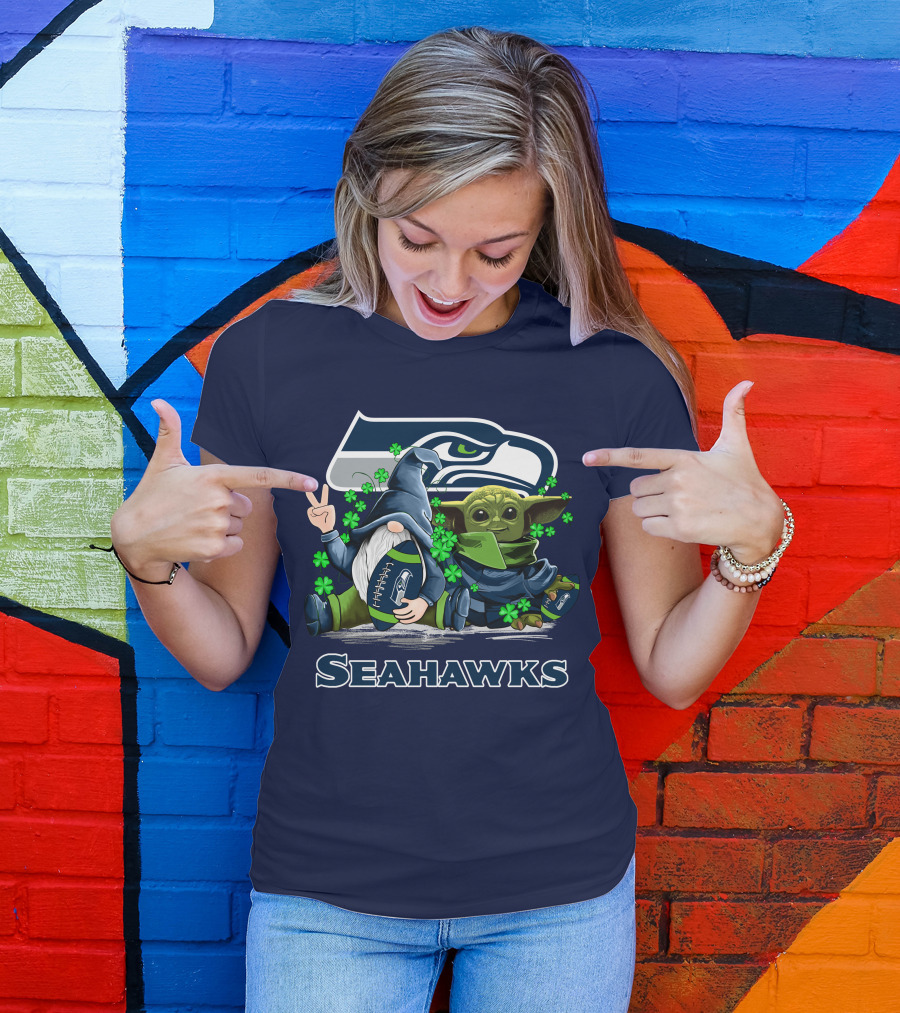 Leprechauns Gnomes Baby Yoda Seattle Seahawks Hug Football T-Shirt