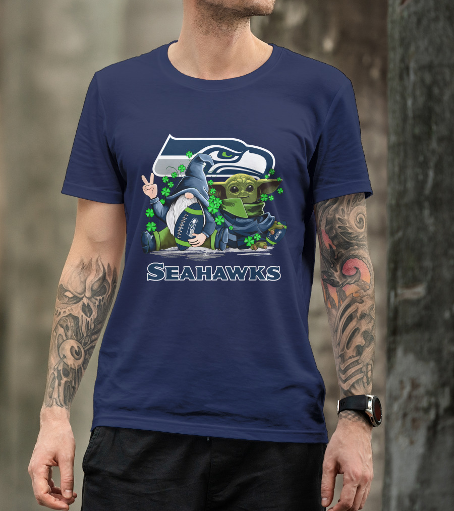 Leprechauns Gnomes Baby Yoda Seattle Seahawks Hug Football T-Shirt