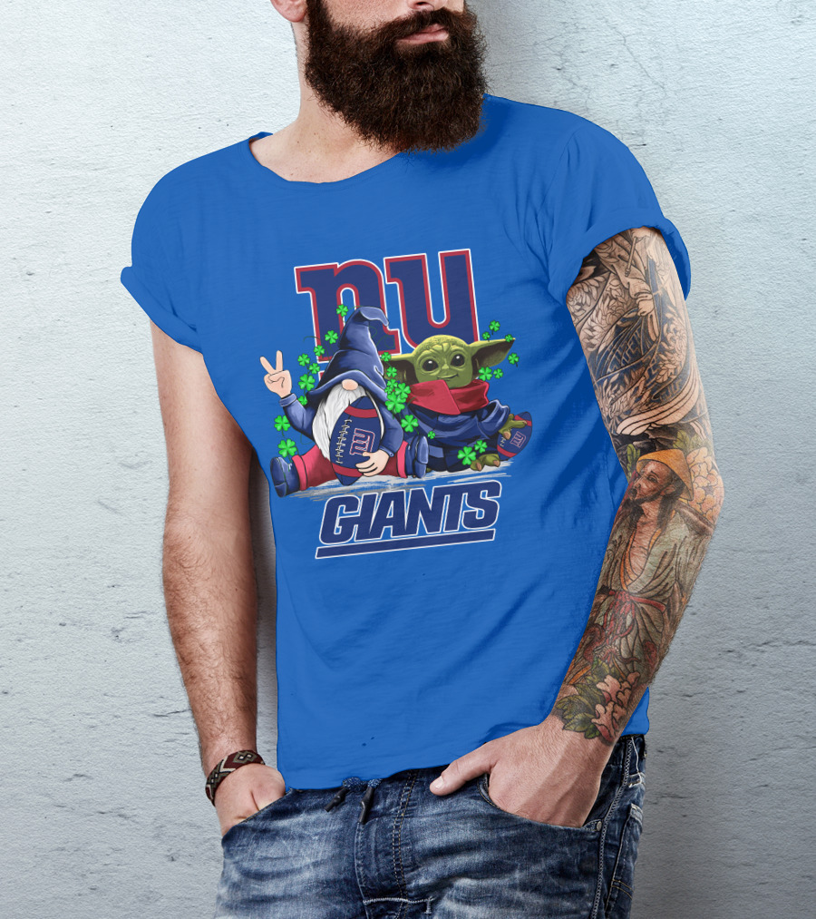 New York Giants Leprechauns Gnomes Baby Yoda Football Clover T-Shirt