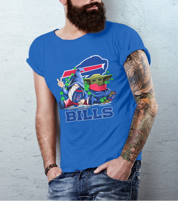 Leprechauns Gnomes Baby Yoda Hug Buffalo Bills Football Team Logo Shamrocks T-Shirt