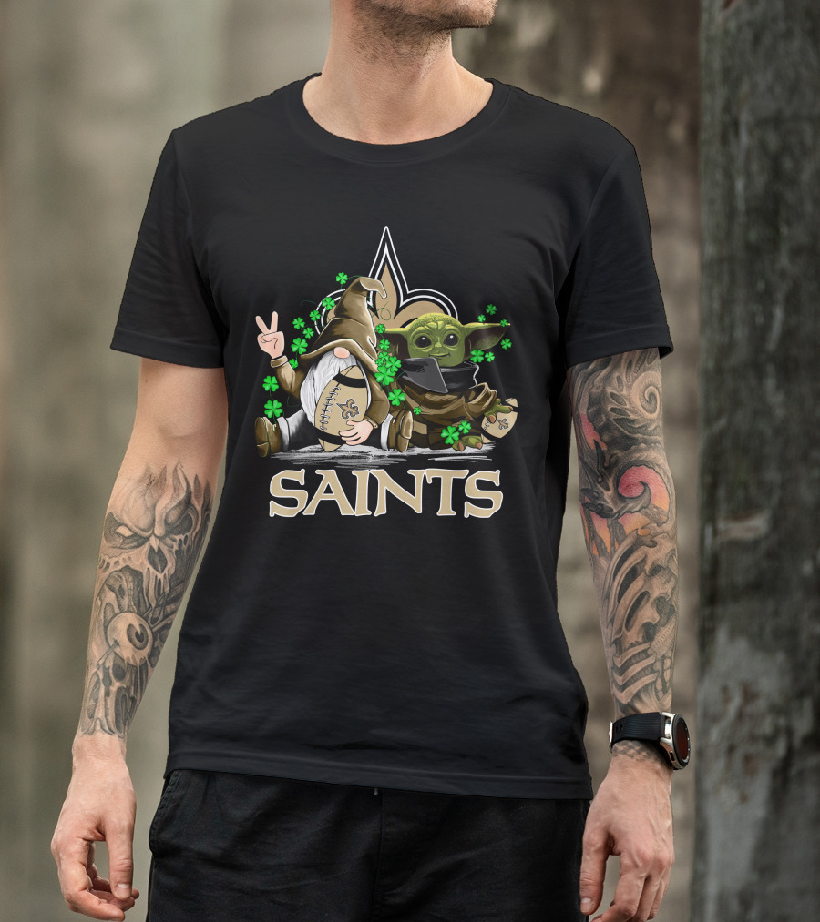 Leprechauns Gnomes Baby Yoda New Orleans Saints Football Shamrocks T-Shirt