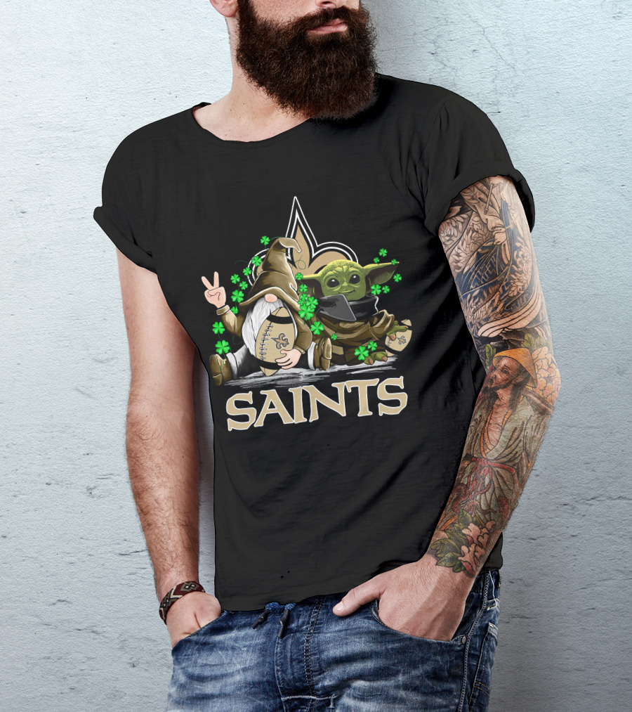 Leprechauns Gnomes Baby Yoda New Orleans Saints Football Shamrocks T-Shirt