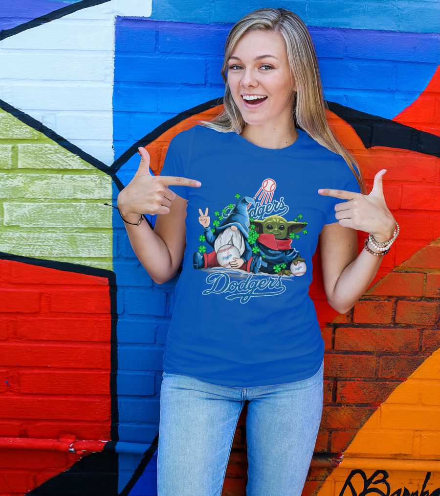 Dodgers Gnomes And Baby Yoda With Baseball And Shamrocks T-Shirt
