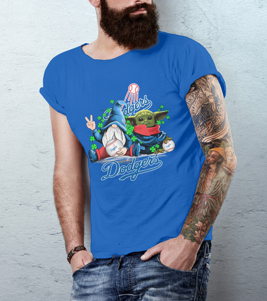 Dodgers Gnomes And Baby Yoda With Baseball And Shamrocks T-Shirt