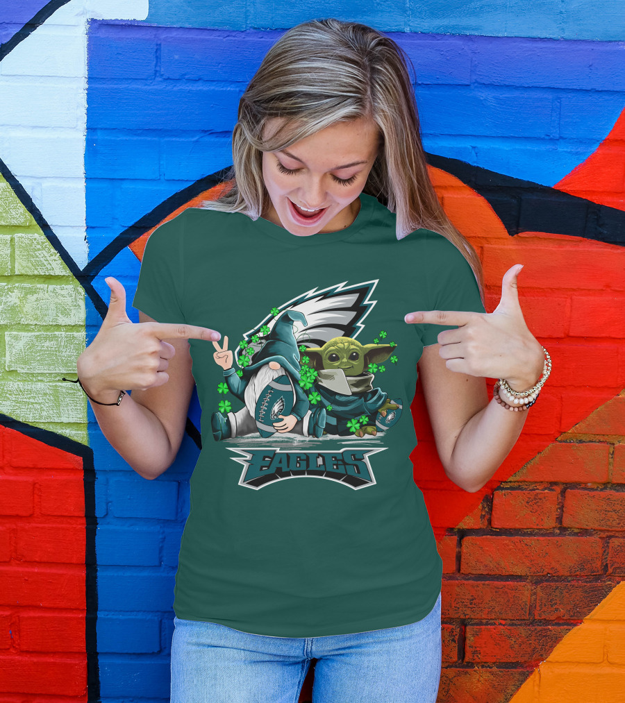 Philadelphia Eagles Leprechauns Gnomes Baby Yoda Hug Football T-Shirt