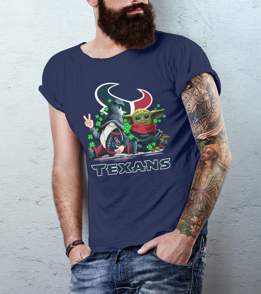 Leprechauns Gnomes Baby Yoda Houston Texans Football Clover T-Shirt