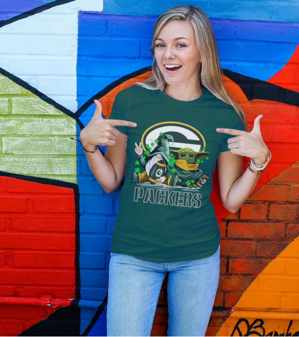 Leprechauns Gnomes Baby Yoda Packers Logo Shamrocks Hug Green Bay T-Shirt