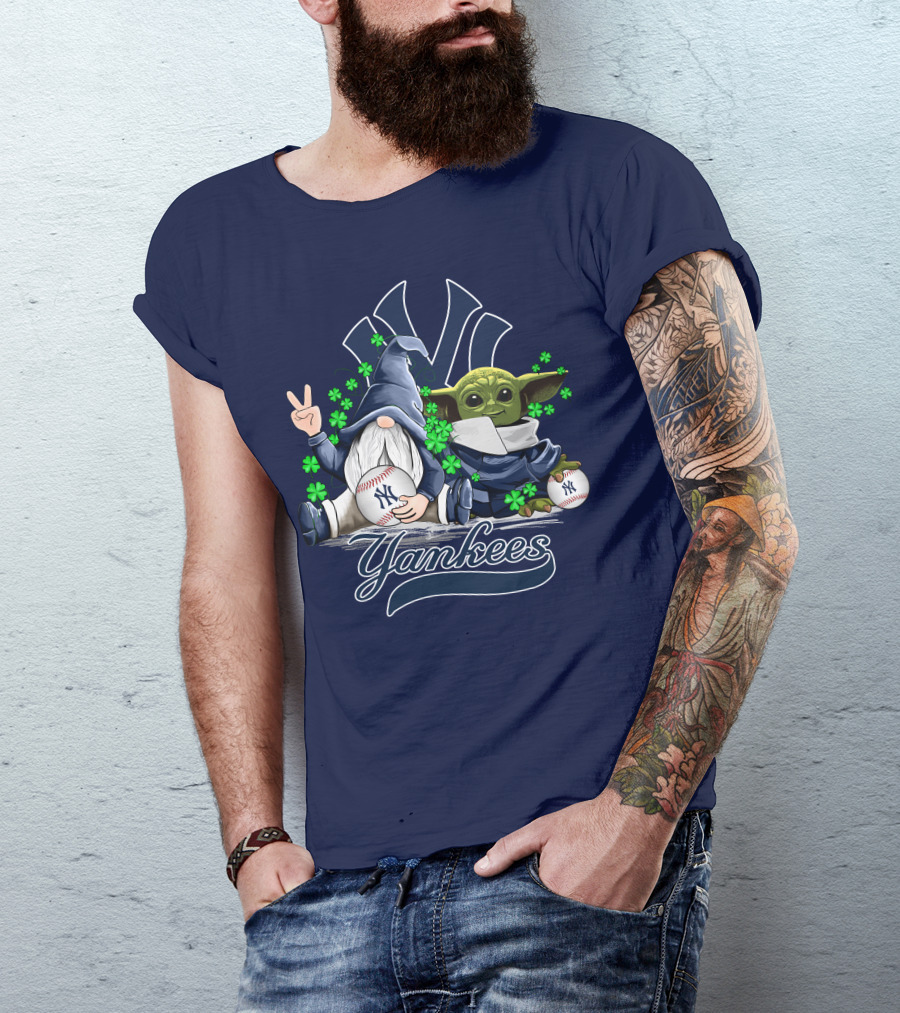 Leprechaun Gnome Baby Yoda Yankees Logo Baseball Fan T-Shirt