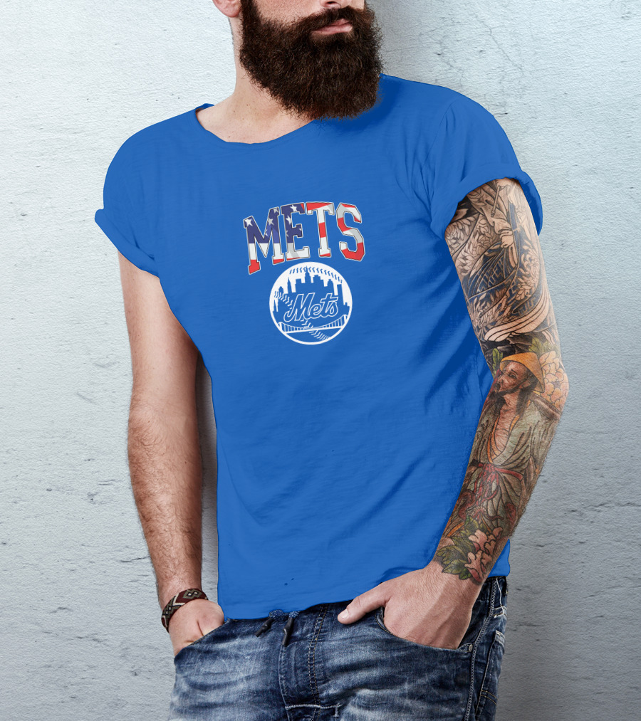 Mets American Flag Skyline Baseball T-Shirt