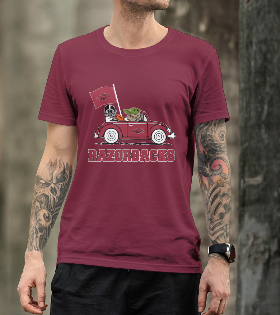 Arkansas Razorbacks Darth Vader Baby Yoda Driving Star Wars Car T-Shirt