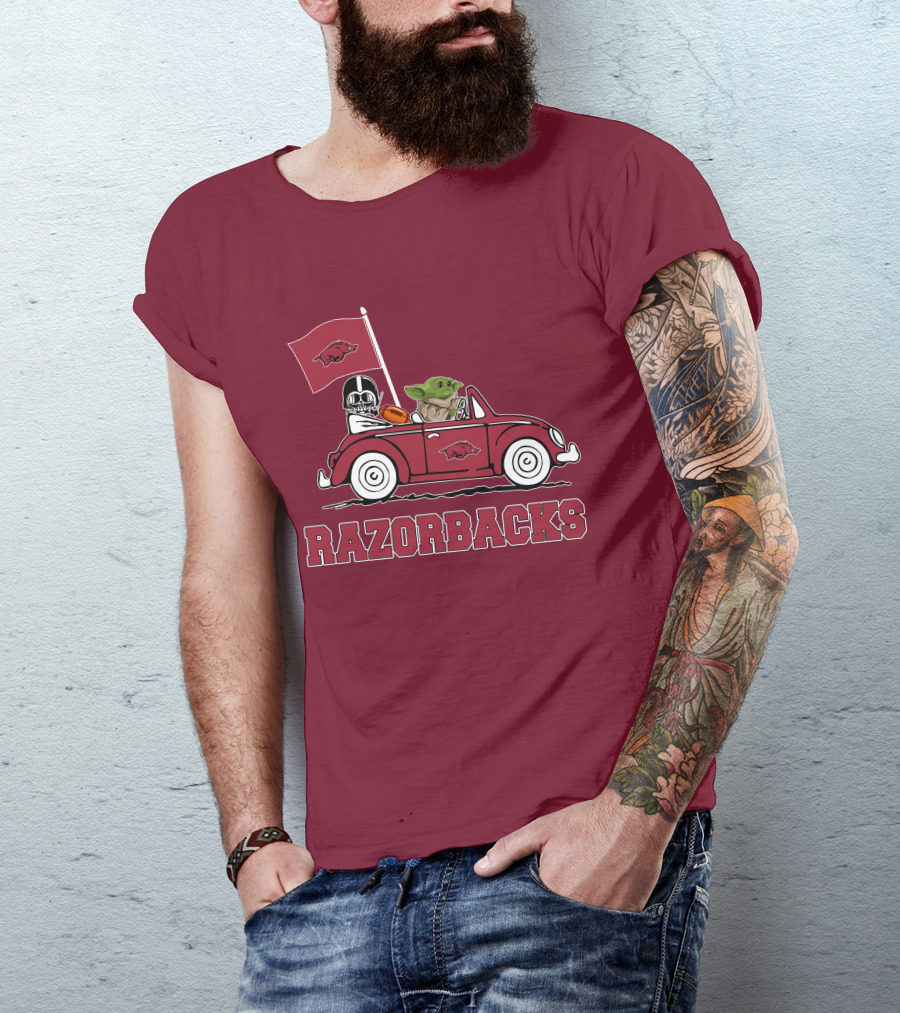 Arkansas Razorbacks Darth Vader Baby Yoda Driving Star Wars Car T-Shirt