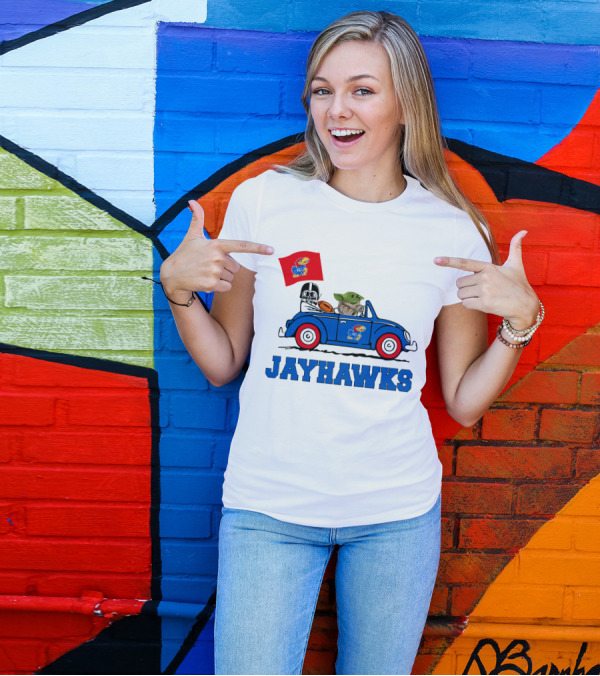 Kansas Jayhawks Darth Vader Baby Yoda Driving With Flag Star Wars Football T-Shirt