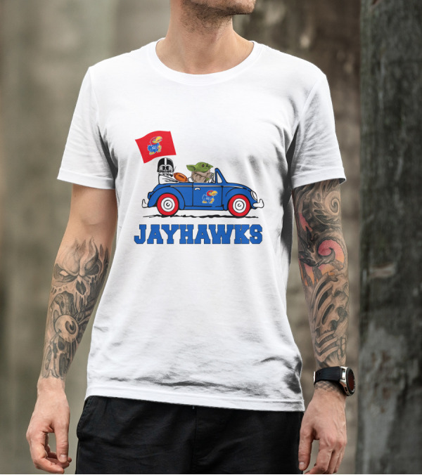 Kansas Jayhawks Darth Vader Baby Yoda Driving With Flag Star Wars Football T-Shirt