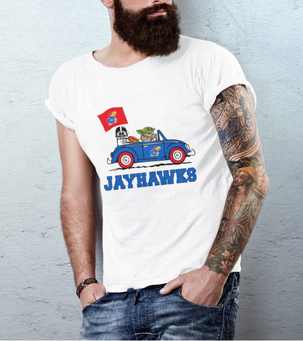 Kansas Jayhawks Darth Vader Baby Yoda Driving With Flag Star Wars Football T-Shirt