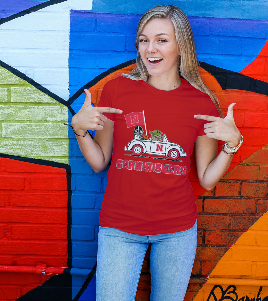 Cornhuskers Darth Vader Baby Yoda Driving Nebraska Car Star Wars T-Shirt