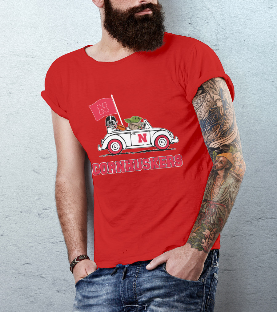 Cornhuskers Darth Vader Baby Yoda Driving Nebraska Car Star Wars T-Shirt