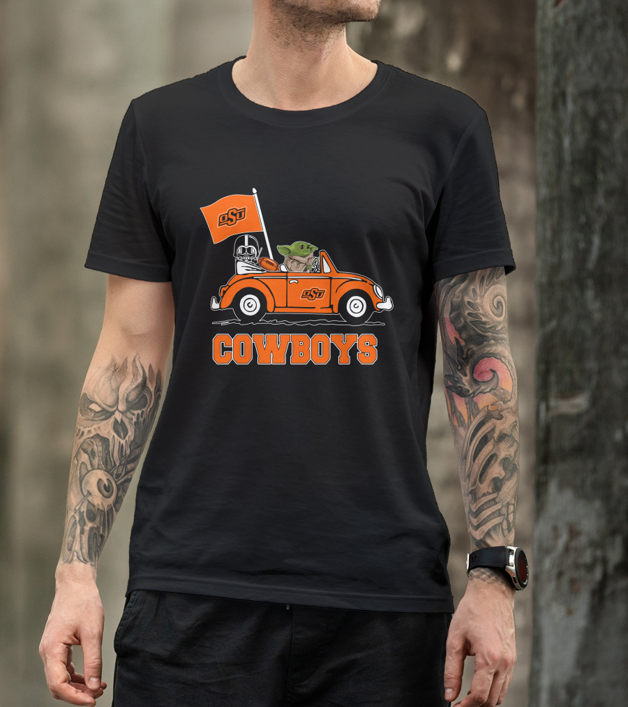 Oklahoma State Cowboys Darth Vader Baby Yoda Driving OsU Flag T-Shirt