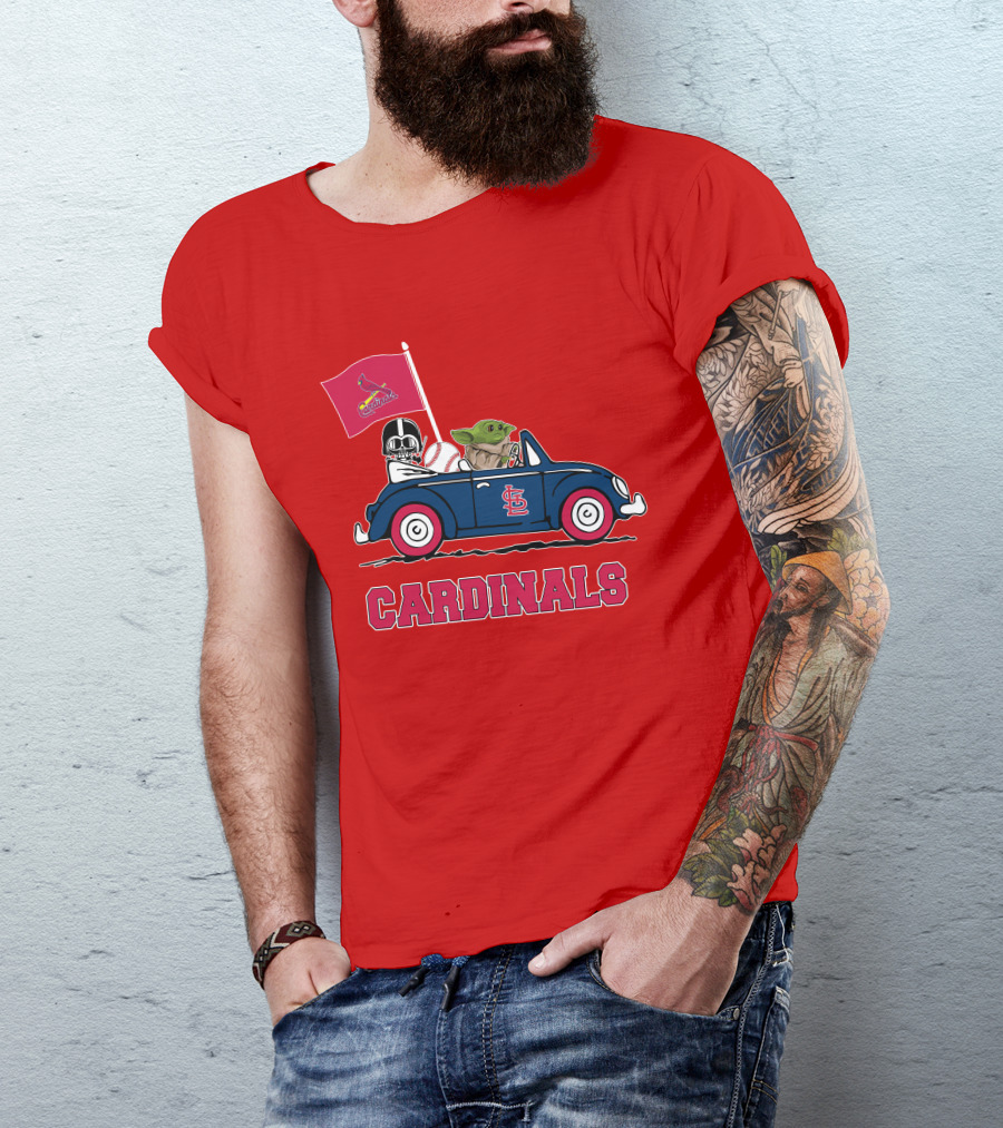 St Louis Cardinals Darth Vader Baby Yoda Driving Car Star Wars Baseball T-Shirt