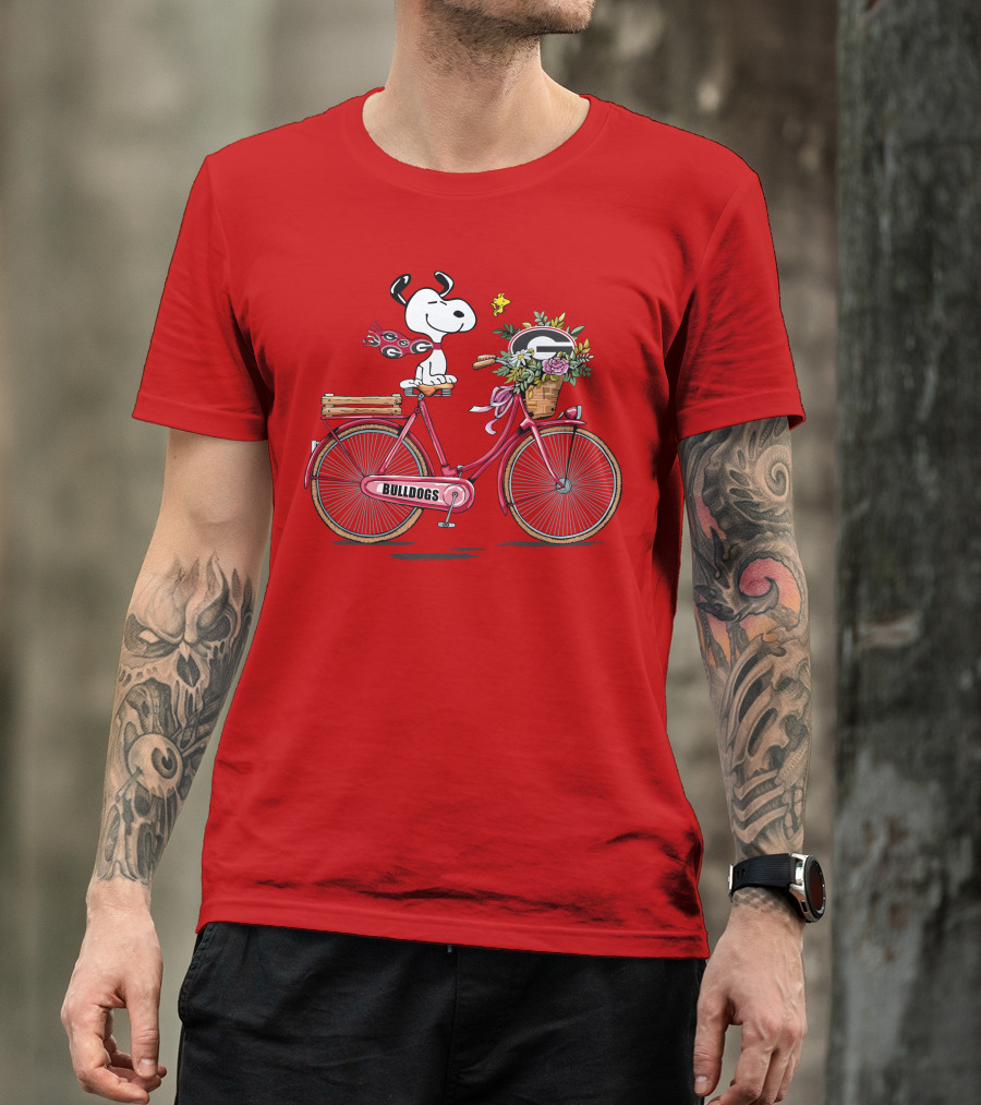 Georgia Bulldogs Snoopy Riding Bike With Flowers T-Shirt