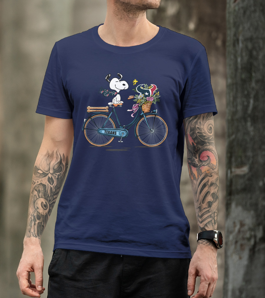 Texans Snoopy Bike Ride With Houston Logo And Flowers T-Shirt